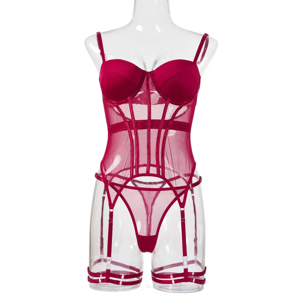Mesh Lingerie Bodysuit Set – Backless Lace 3 Piece Lingerie for Women