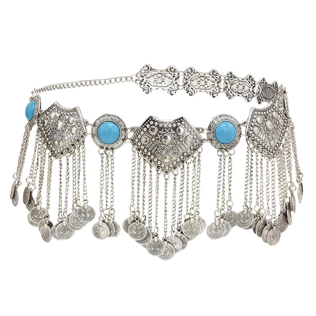Boho silver coin belt with turquoise accents and dangling coin chains