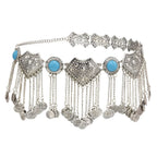 Boho silver coin belt with turquoise accents and dangling coin chains
