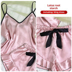 Satin V-Neck Pajama Set – Ruffled Bow Shorts for Loungewear and Sleep