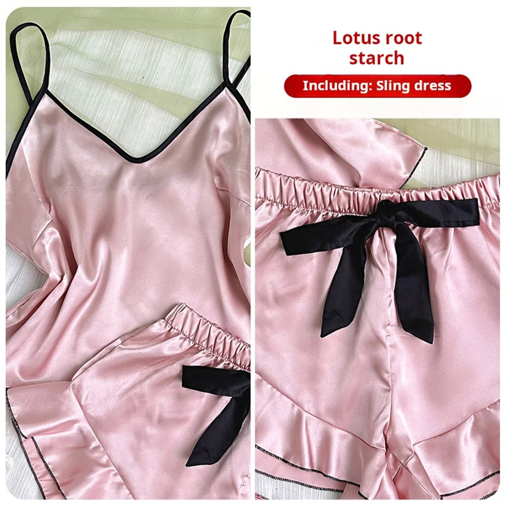Satin V-Neck Pajama Set – Ruffled Bow Shorts for Loungewear and Sleep