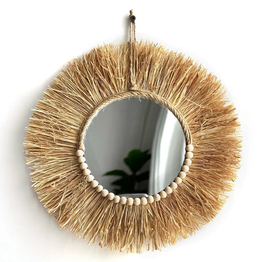 Raffia Wall Mirror – Boho Wood Bead Decor for Farmhouse Nursery
