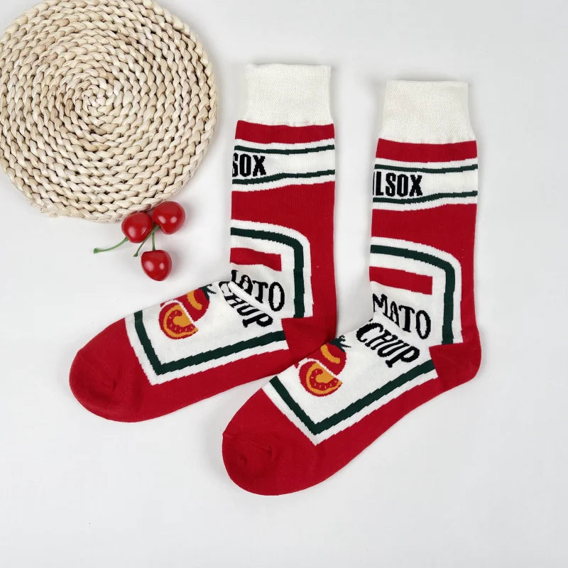 Printed Food Novelty Socks – Ketchup and Fry Mid-Calf Crew for Cosplay