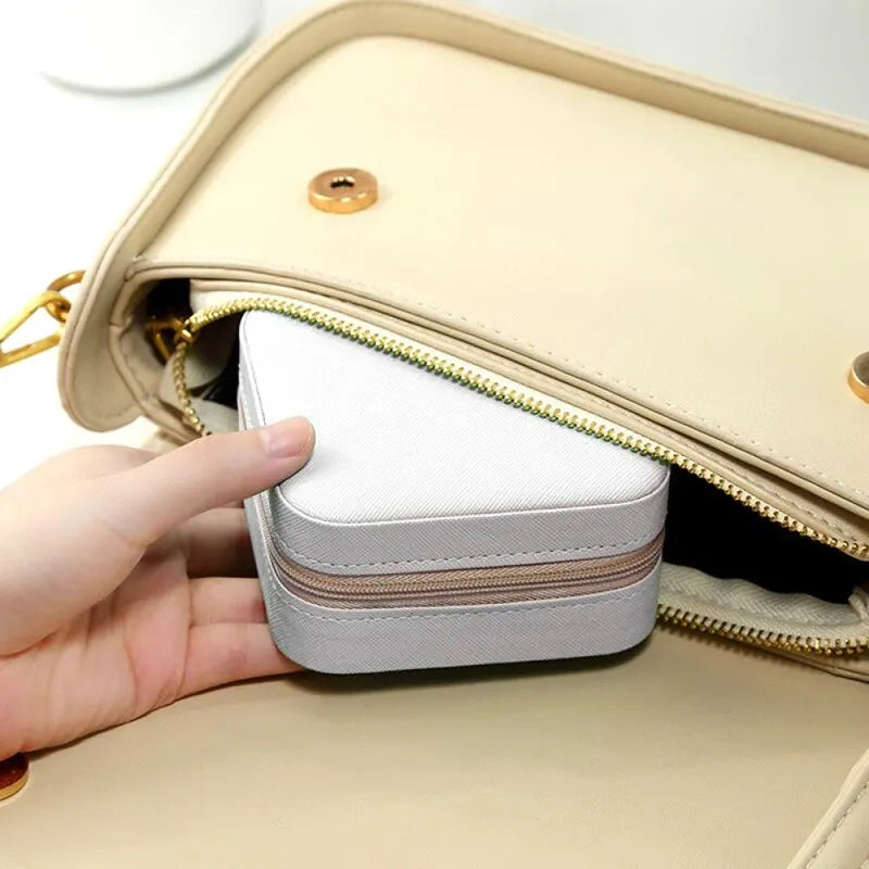 Leather Double Jewelry Box – Zippered Grid Organizer for Travel Storage