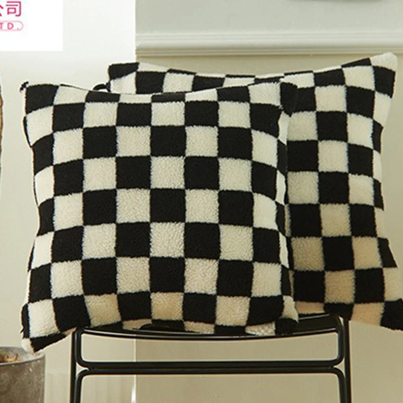Black Faux Fur Throw Pillow Cover – Checked Wool Cushion for Sofa Decor