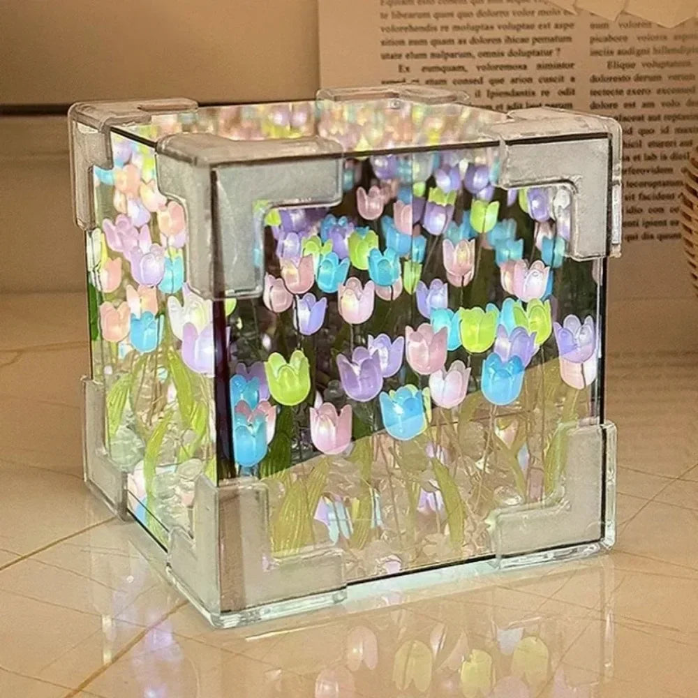 DIY Tulip Flower Sea Cube Night Lamp – Handmade Creative Gift for Girlfriend