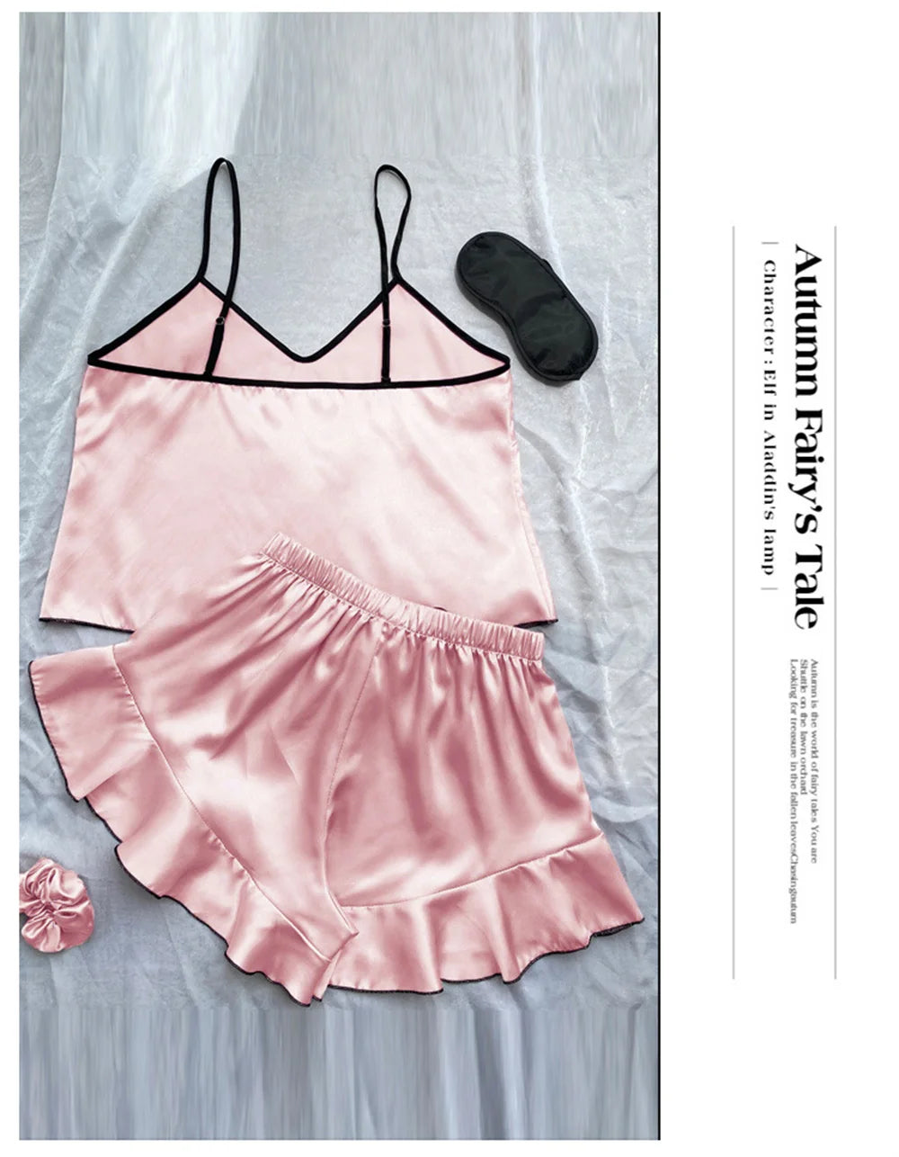 Satin V-Neck Pajama Set – Ruffled Bow Shorts for Loungewear and Sleep