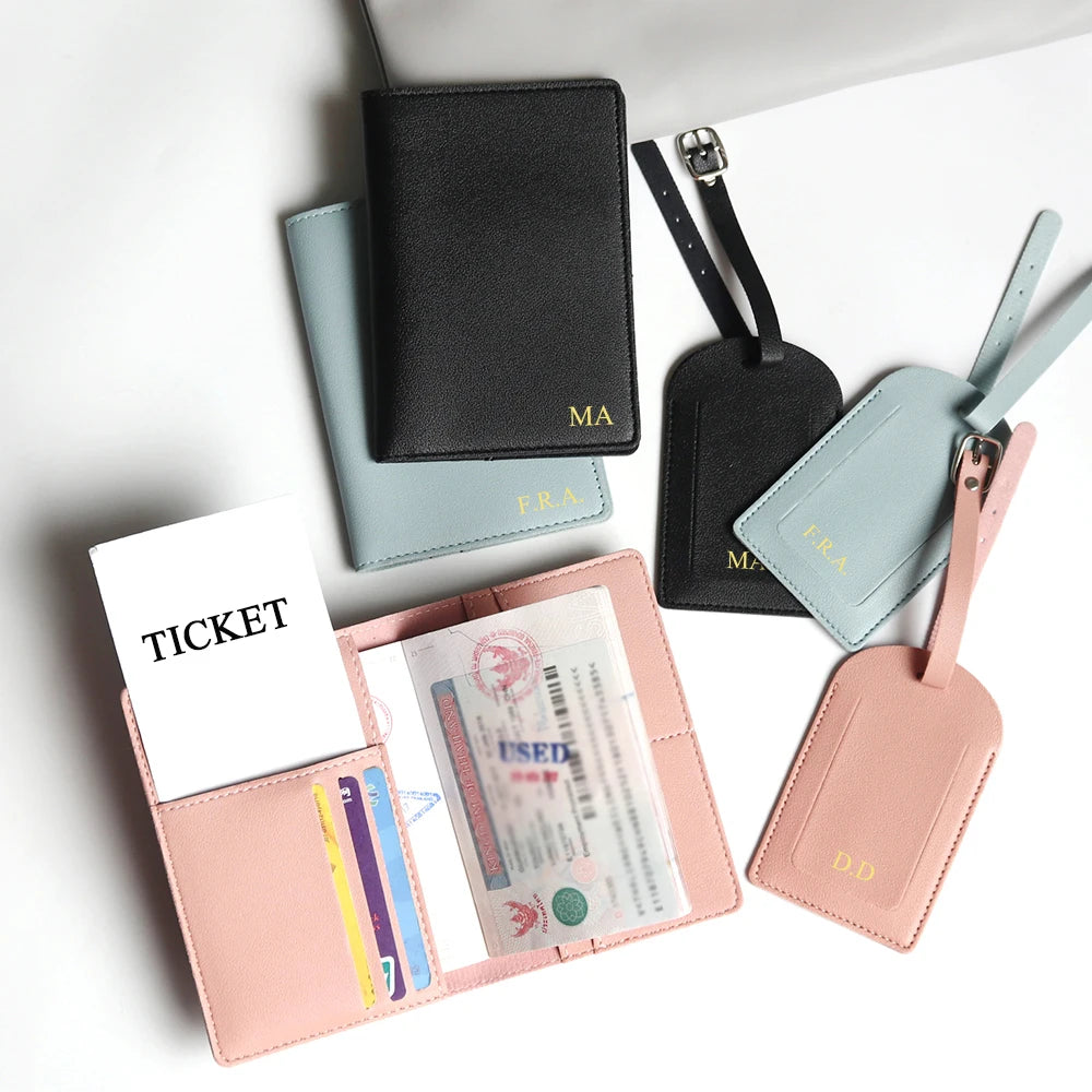 Custom Name Passport Cover Set – Personalized Leather Luggage Tag for Travel