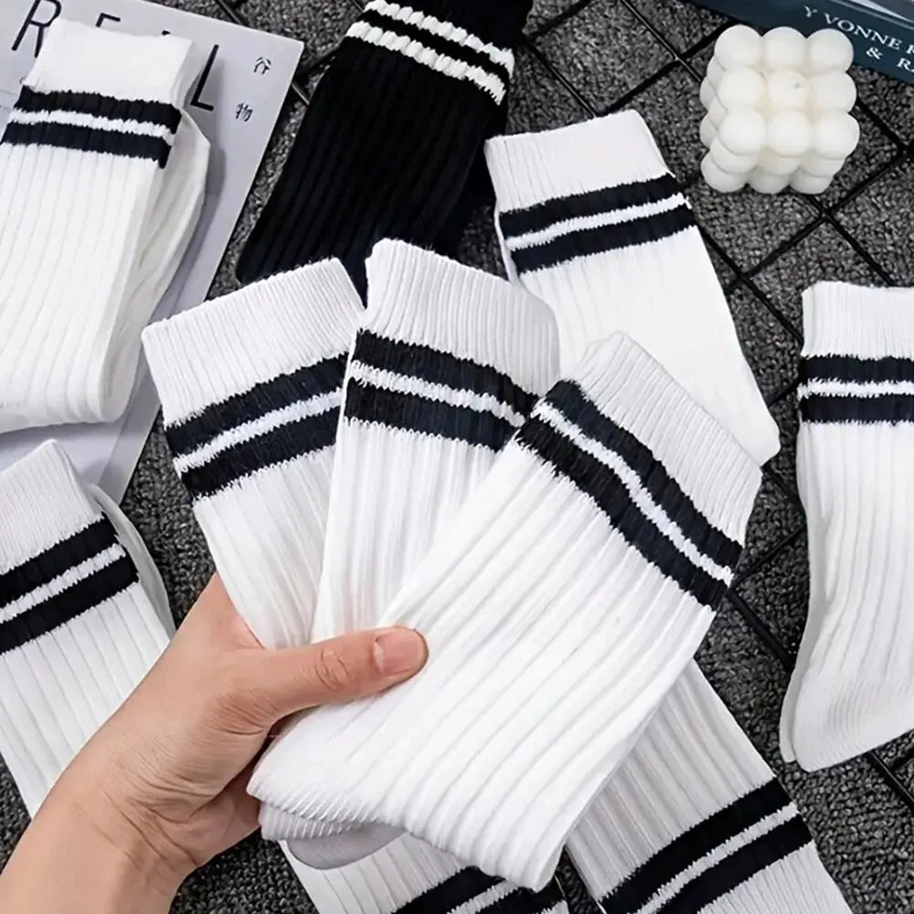 Striped Mid Tube Socks – Breathable Cotton Casual Footwear for Men