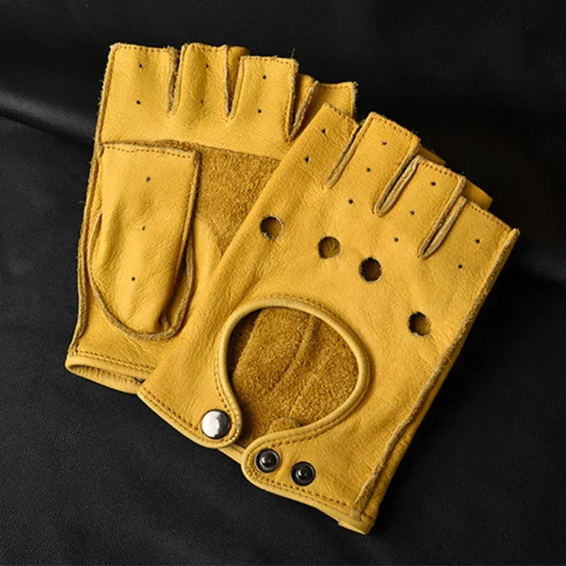 Mens Fingerless Leather Gloves – Goatskin Motorcycle Driving for Cycling