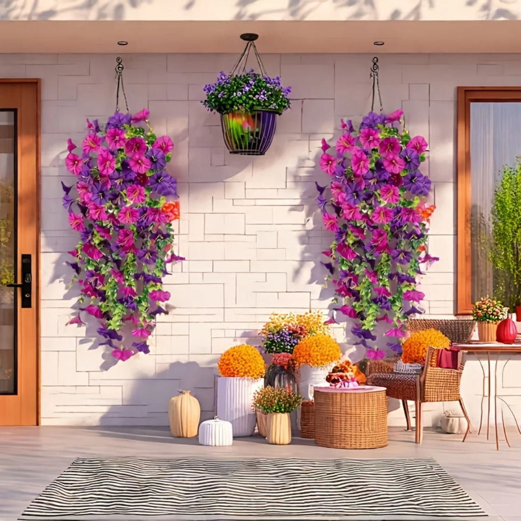 Artificial Morning Glory and Eucalyptus Vine – UV-Resistant Home Wall Decor