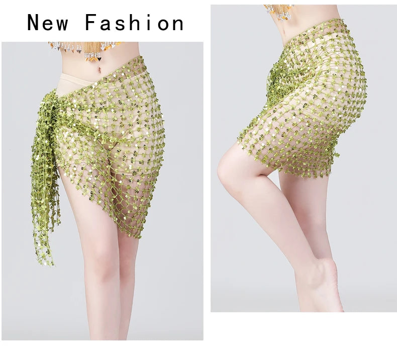 Green beaded mesh dance skirt for women, stylish hip scarf accessory, two views shown