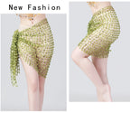 Green beaded mesh dance skirt for women, stylish hip scarf accessory, two views shown