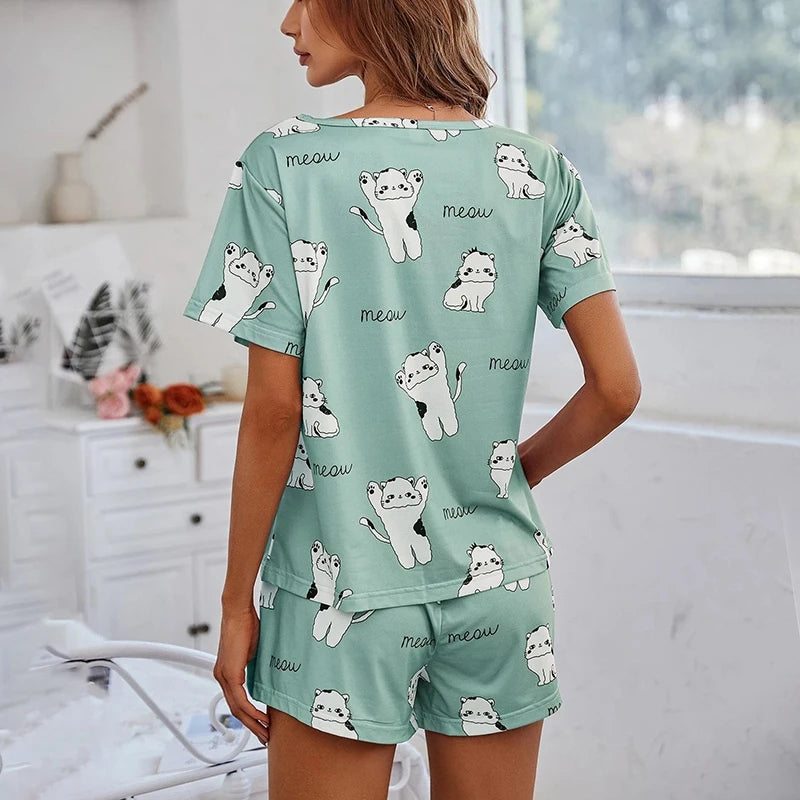 Women Cartoon Pajama Set – Short Sleeve Loungewear for Comfortable Sleep