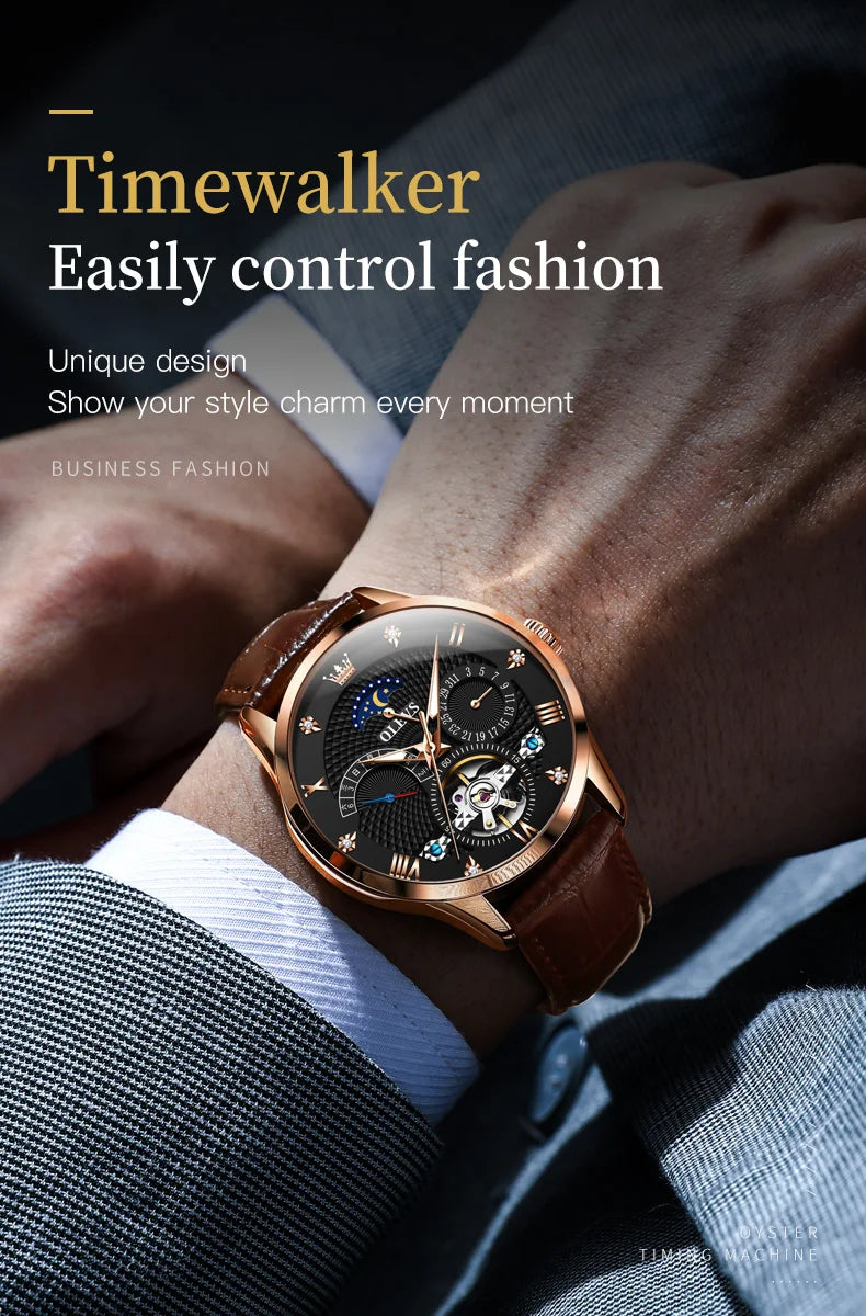 OLEVS Automatic Mechanical Watch – Leather Strap Flywheel for Business Casual