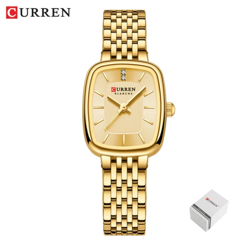 Gold Stainless Steel Quartz Watch – Elegant Square Dial for Business Fashion