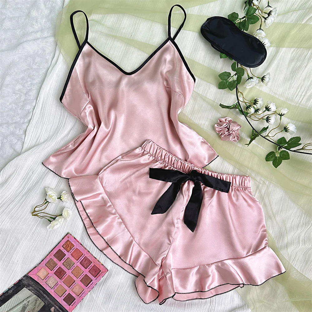Satin V-Neck Pajama Set – Ruffled Bow Shorts for Loungewear and Sleep