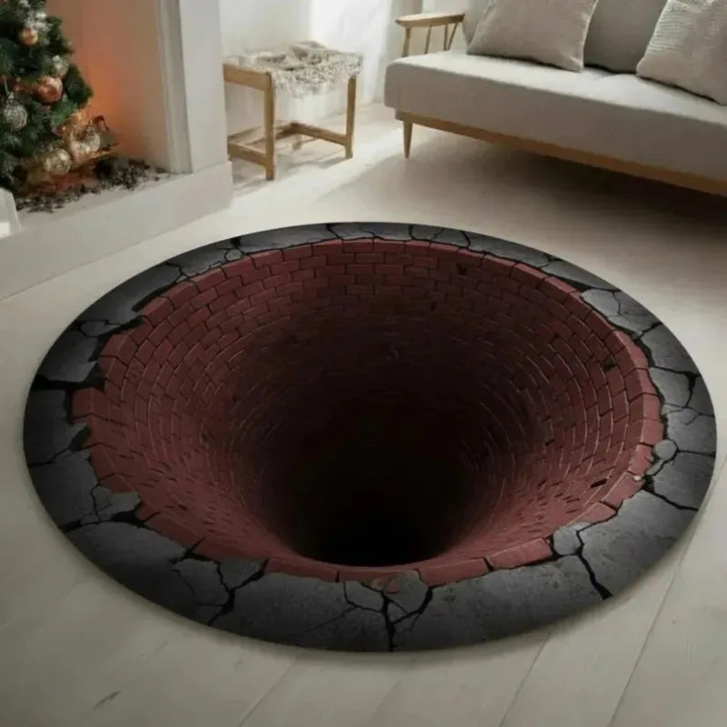 3D Illusion Rug – Golden Glow Pit Hole Carpet for Christmas Holiday Decor