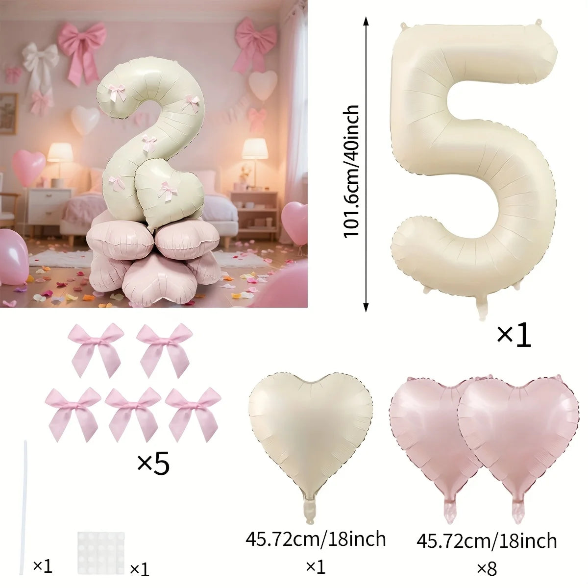 40-Inch Cream White Number Balloon Set – Heart Foil Decor for Kids Birthday