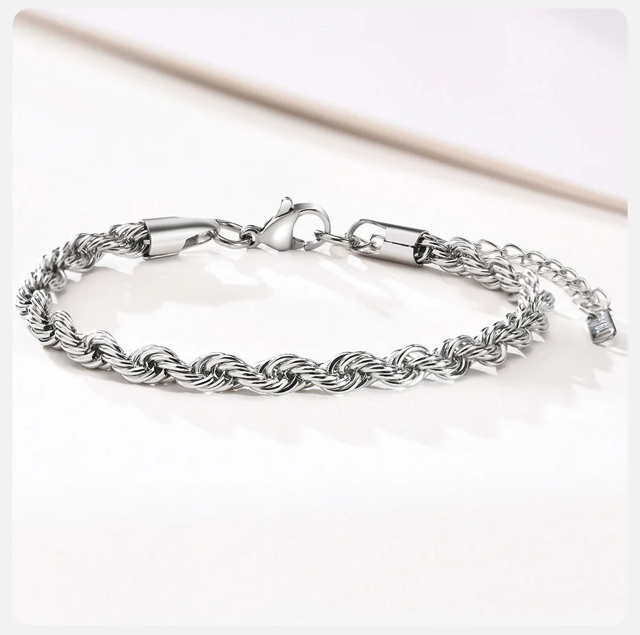 Stainless Steel Rope Chain Bracelet – Unisex Twisted Link Jewelry for Gift