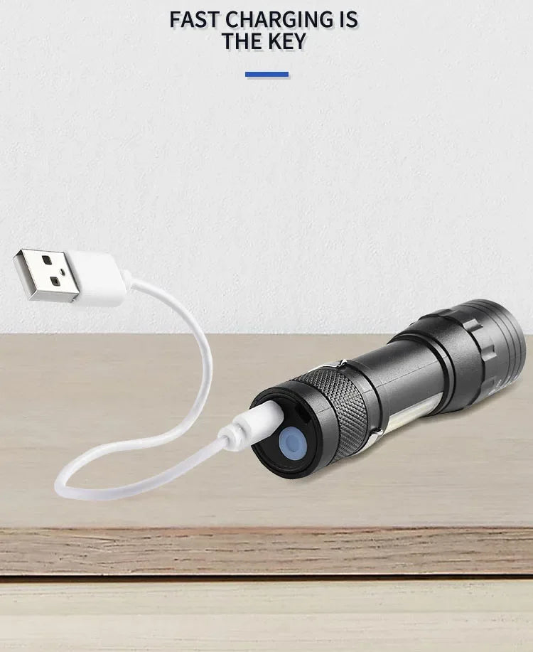 USB Rechargeable Mini Flashlight – Zoomable COB Torch for Camping and Emergency