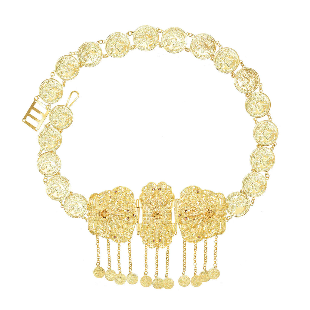 Gold coin belt with intricate floral motifs and dangling coin charms, ornate fashion accessory