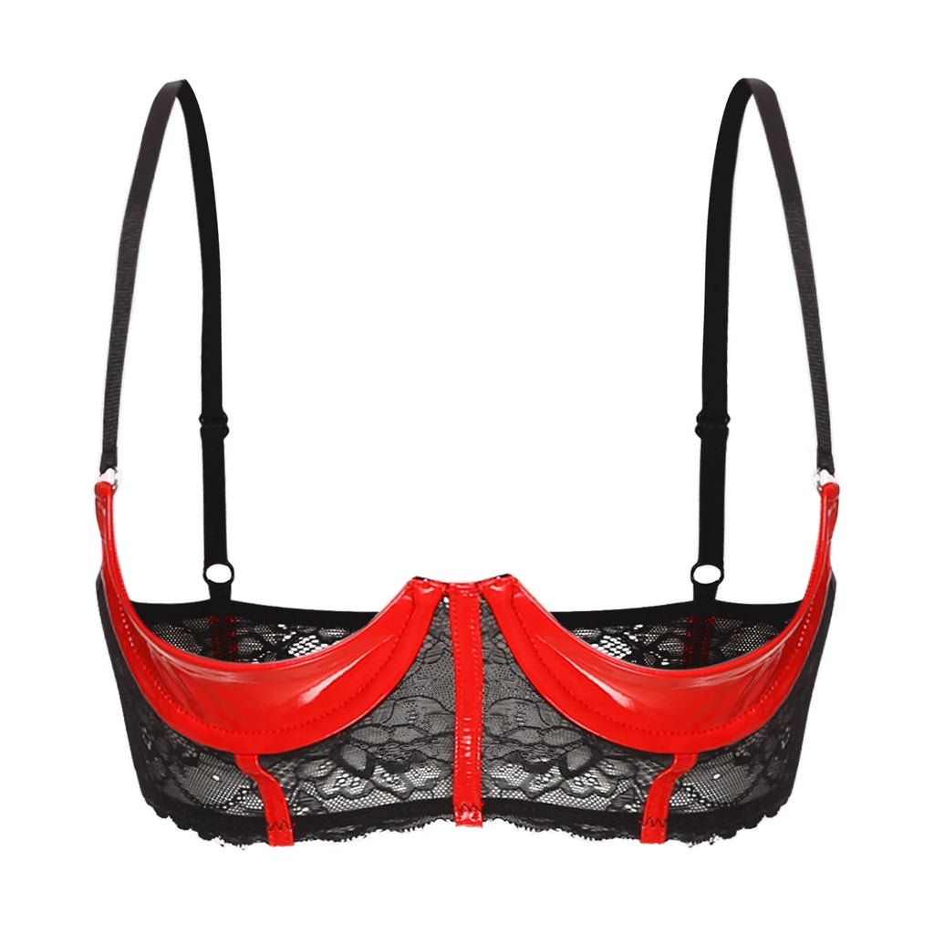 Wetlook Leather Push Up Bralette – Underwire Lace Lingerie for Sexy Cosplay