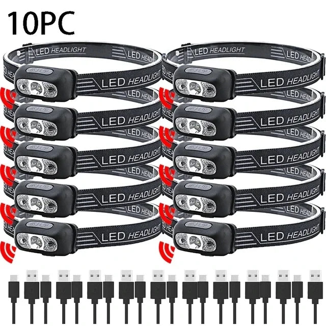 USB Rechargeable LED Headlamp – Motion Sensor Flashlight for Outdoor Camping