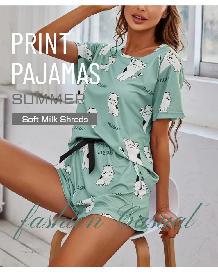 Women Cartoon Pajama Set – Short Sleeve Loungewear for Comfortable Sleep