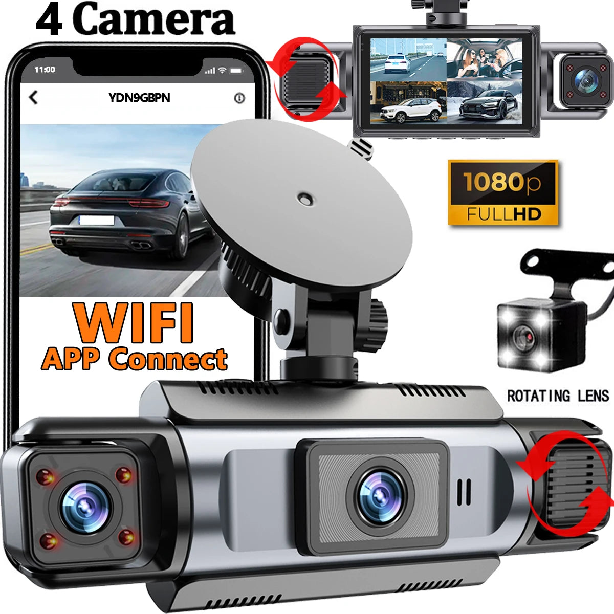 4-Channel Dash Cam – 360° WiFi Video Recorder for 24H Car Parking Surveillance