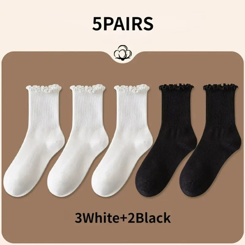 Ruffled Mid-Tube Socks – Breathable Cotton Casual Wear for Women