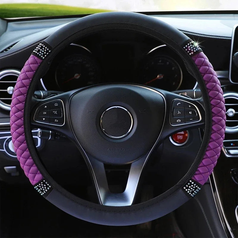 Diamond-Studded Leather Steering Wheel Cover – 38cm Grip for Car Interior