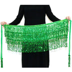 Green sequin fringe belly dance hip scarf held open against plain background