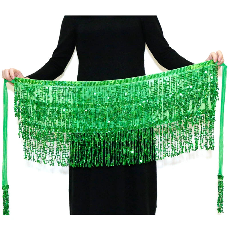 Green sequin fringe belly dance hip scarf held open against plain background