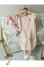 Plus Size Striped Pajama Dress – Short-Sleeved Cartoon Sleepwear for Women