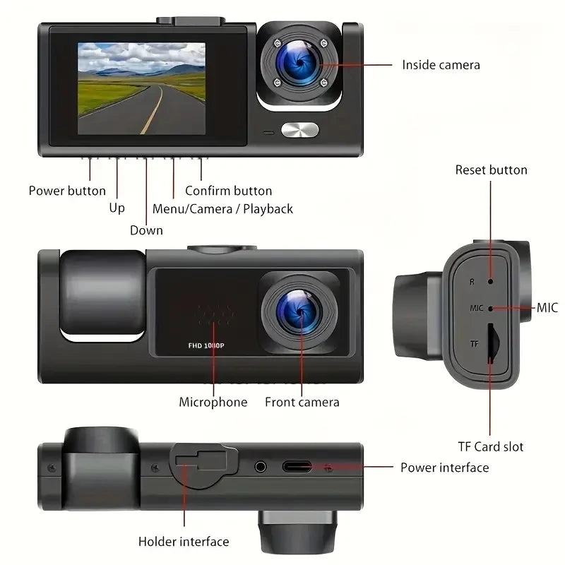 Triple Lens Dash Cam – 1080P Front and Rear Vehicle Recorder for Night Vision