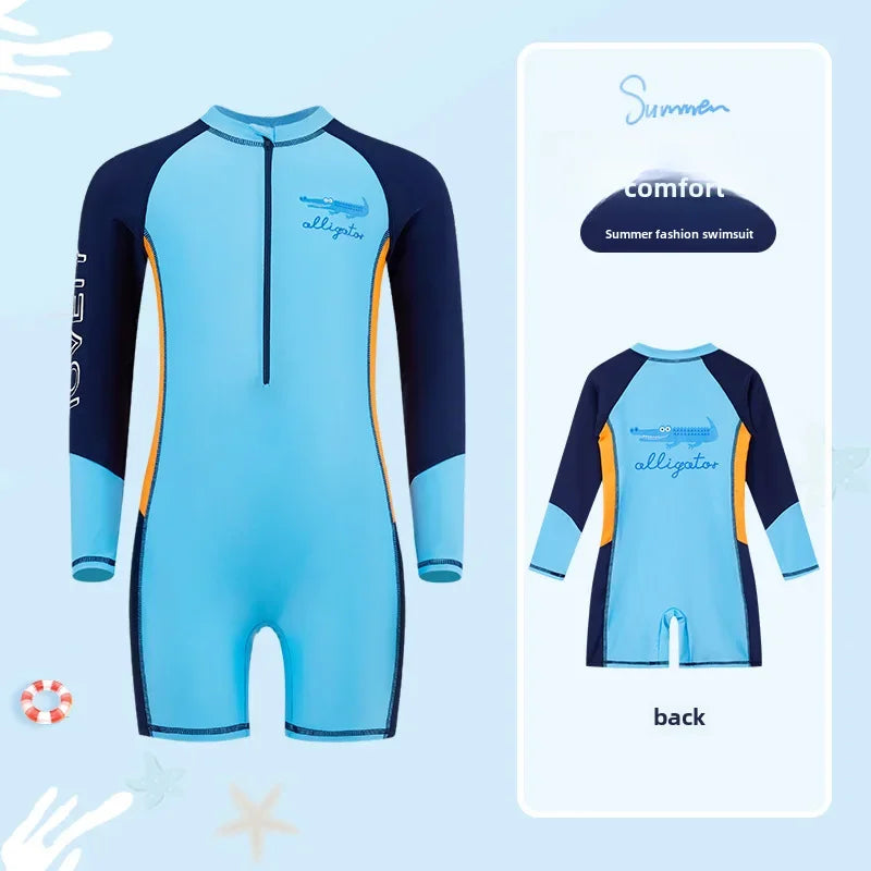 Boys Long Sleeve Swimsuit – UV Protection One-Piece for Summer Swimming