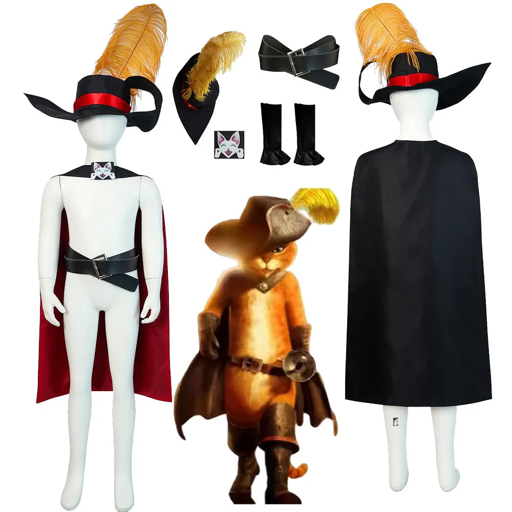 Puss in Boots Cosplay Costume Set – Cat Swordsman Cloak and Hat for Kids