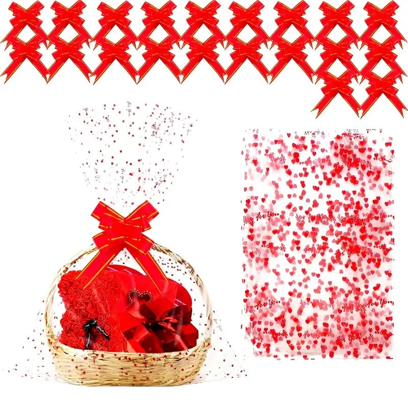 Heart Print Cellophane Gift Bags – Decorative Ribbon Pouches for Wedding Favors