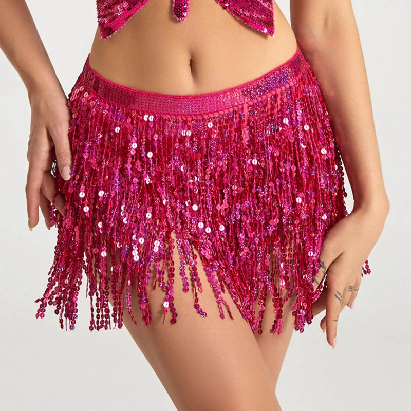 Woman wearing a hot pink sequin fringe mini skirt, sparkly party or dancewear