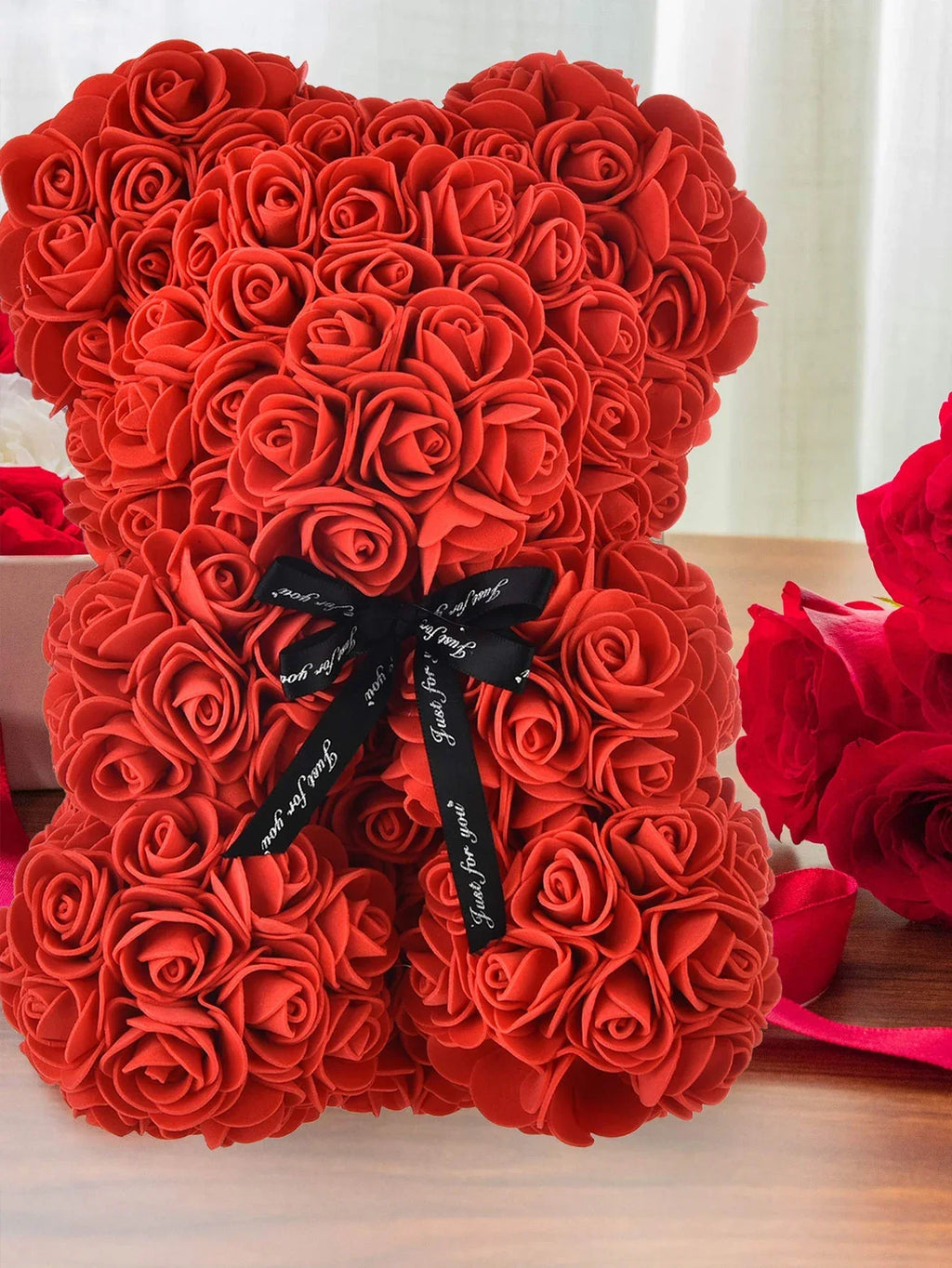 Artificial Rose Teddy Bear – 25cm Flower Figurine for Anniversary Gifts