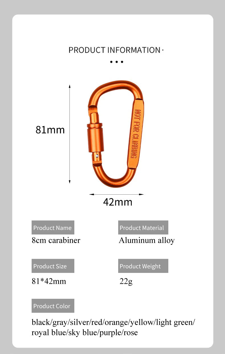 Aluminum D-Shaped Carabiners – 8cm Tactical Clips for Outdoor Camping Gear