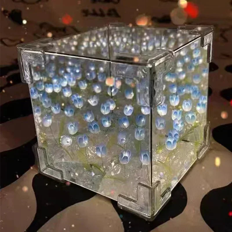 DIY Tulip Flower Sea Cube Night Lamp – Handmade Creative Gift for Girlfriend