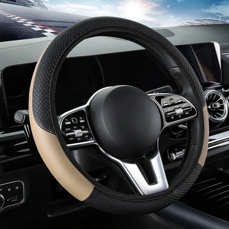 Faux Leather Steering Wheel Cover – 38cm Breathable Grip for Auto Interior