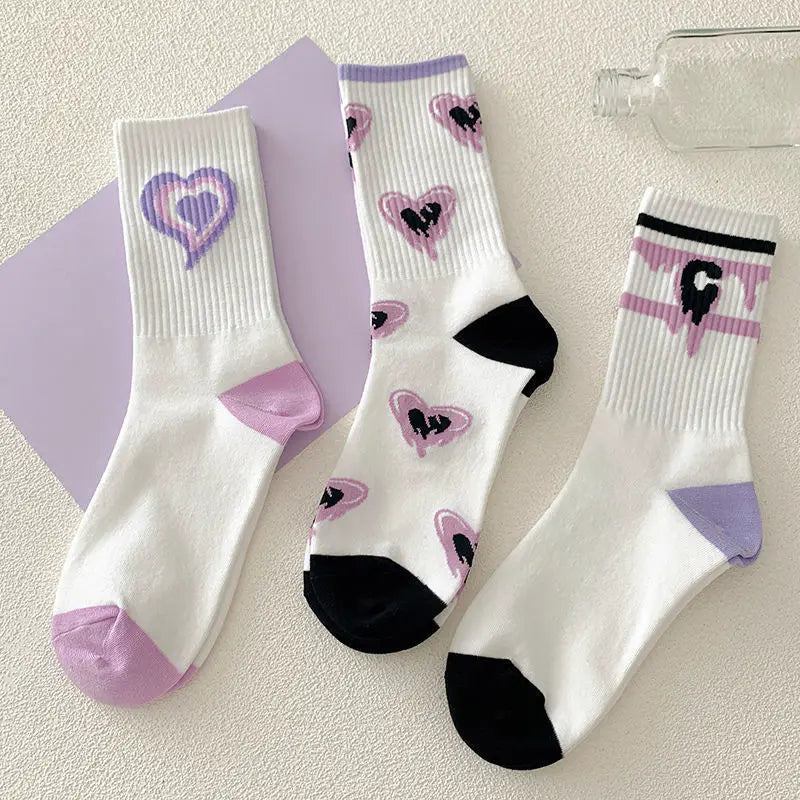 Cotton Heart Print Crew Socks – Kawaii Korean Style for Women
