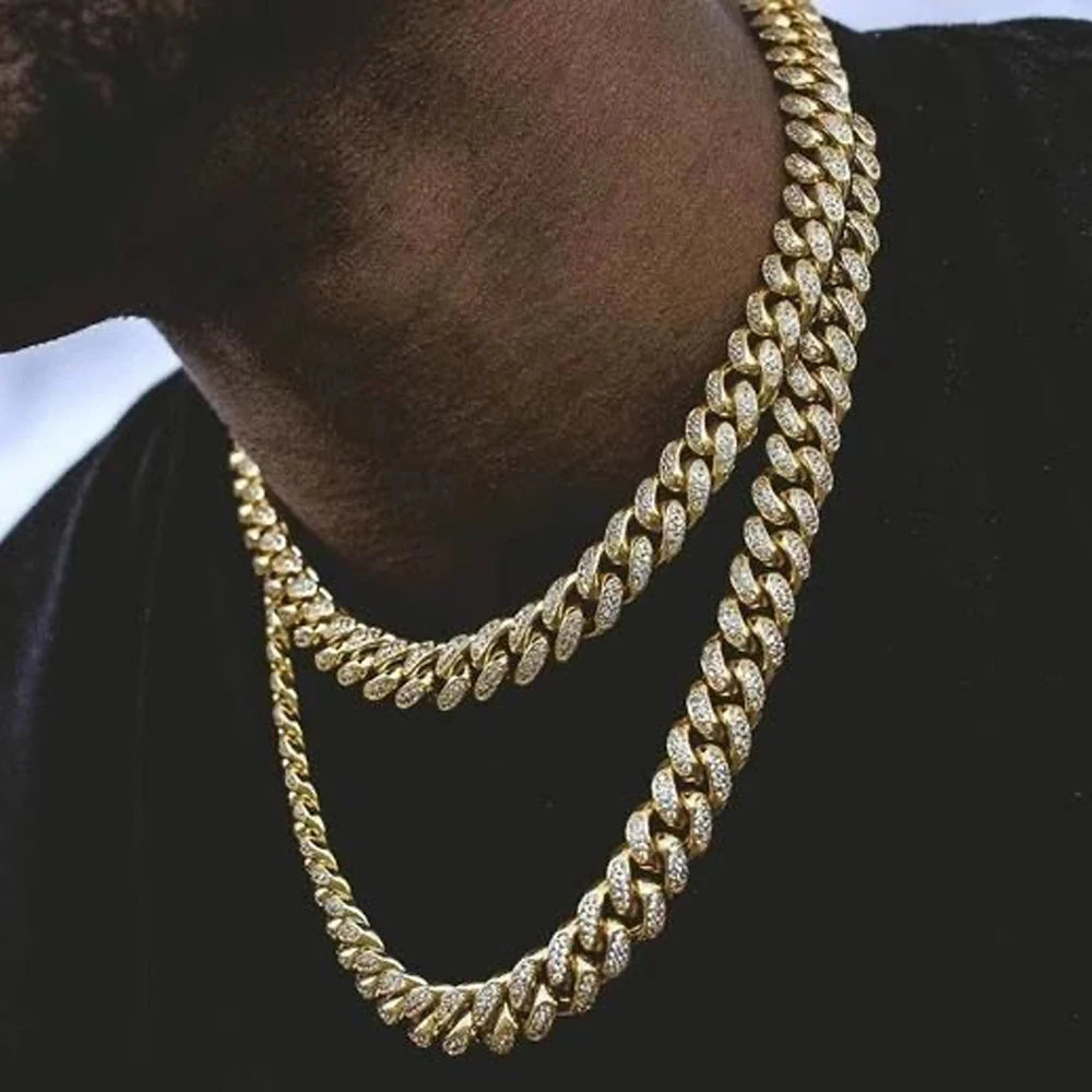 Iced Out Cuban Link Chain – AAA Rhinestone Men's Necklace for Hip Hop Jewelry