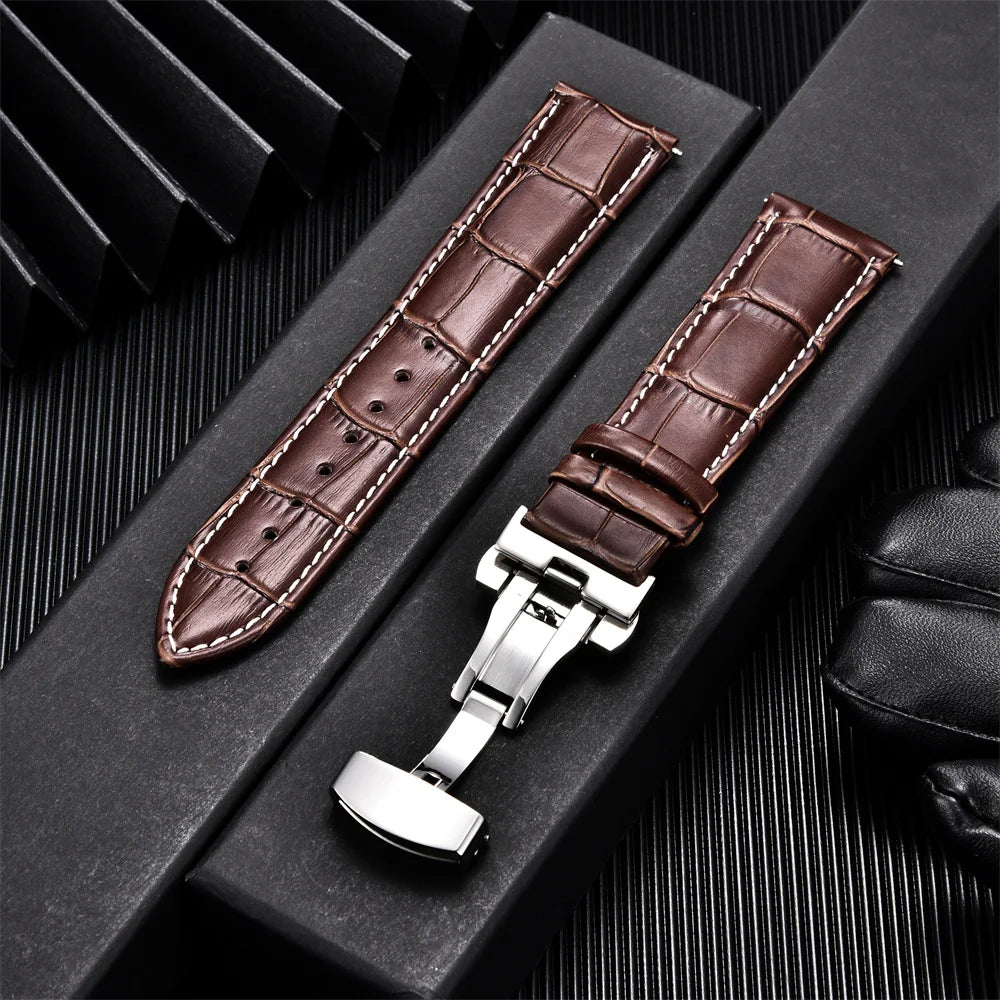Genuine Calfskin Leather Watch Strap – Butterfly Buckle for Business