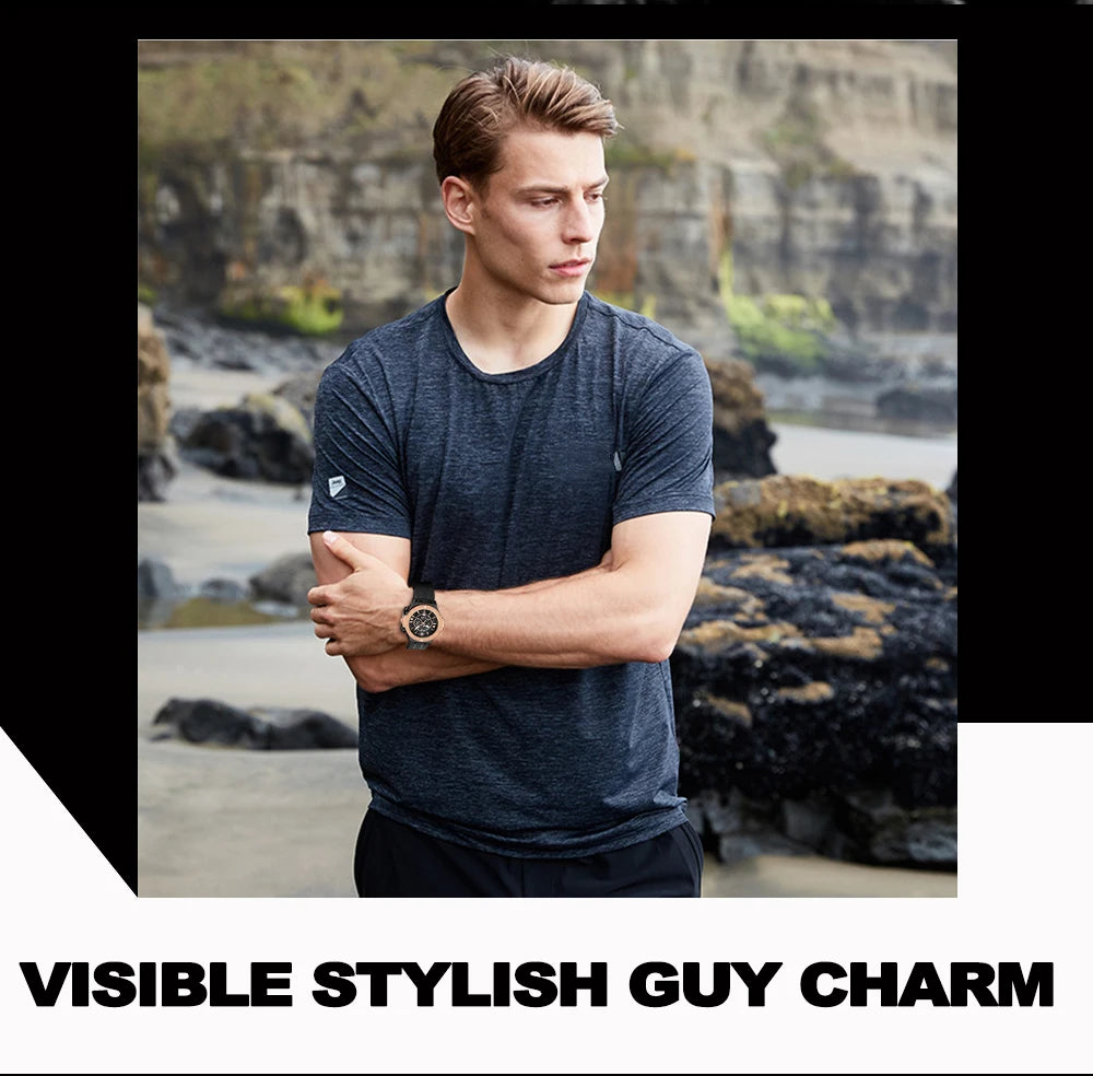 Mens Rose Gold Silicone Sports Watch – 46mm Hollow Dial for Daily Fashion