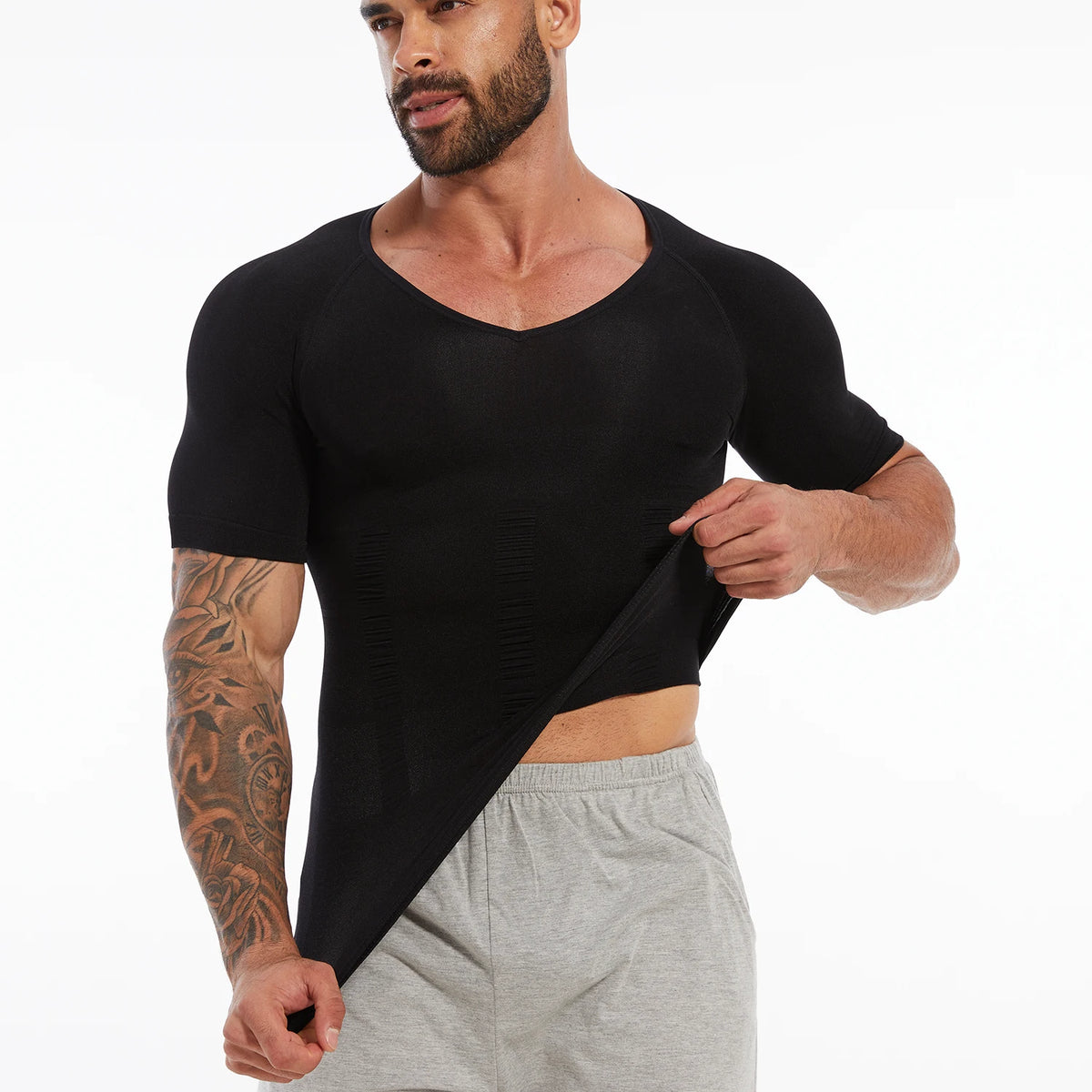 Men's Compression Shapewear Shirt – V-Neck Tummy Control for Fitness Workout