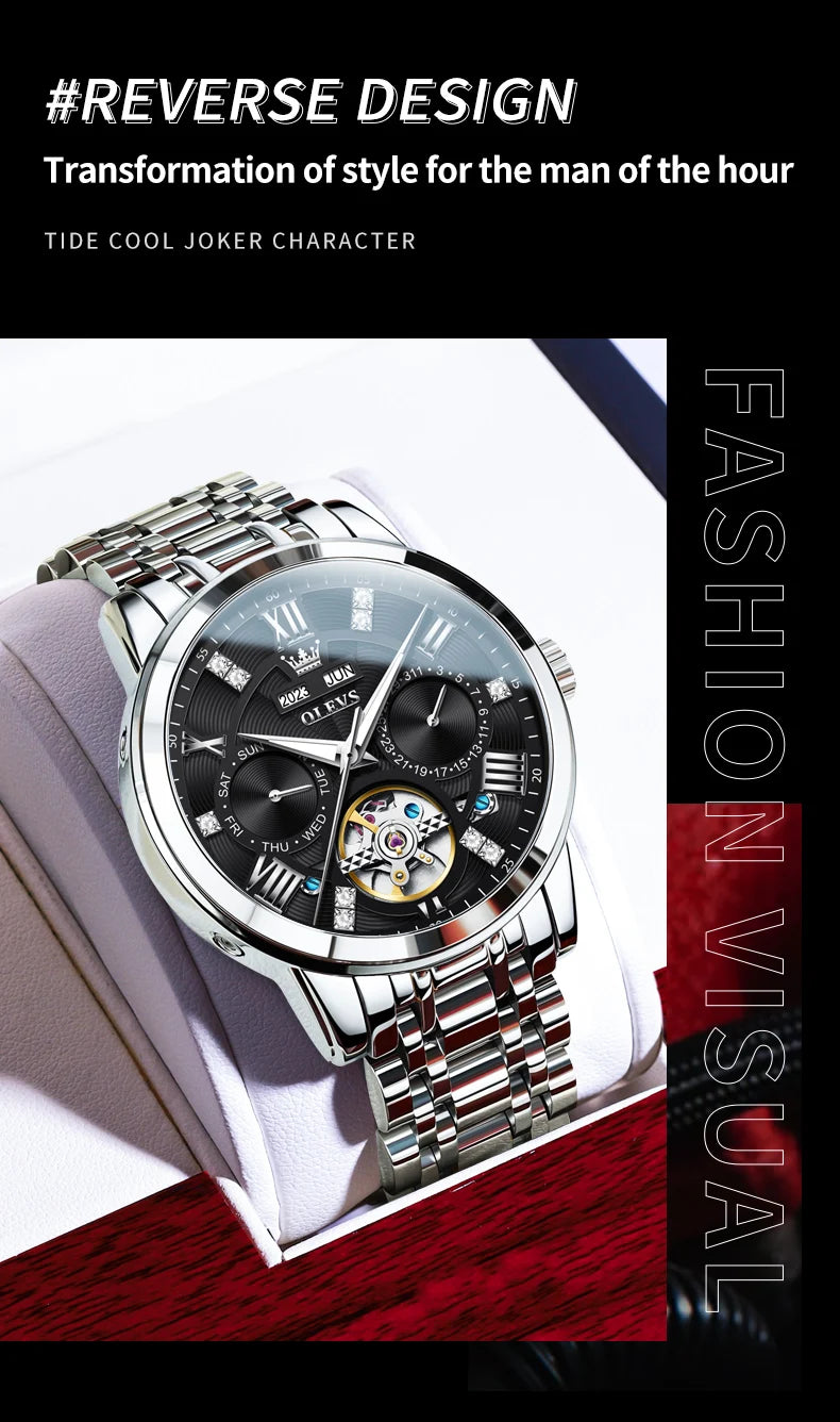 OLEVS Automatic Mechanical Watch – Skeleton Flywheel for Men's Business Wear
